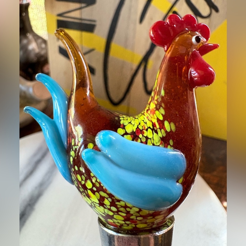 Blown Art Glass Chicken | Rooster Wine Bottle Stopper or garden ornament. 🐓